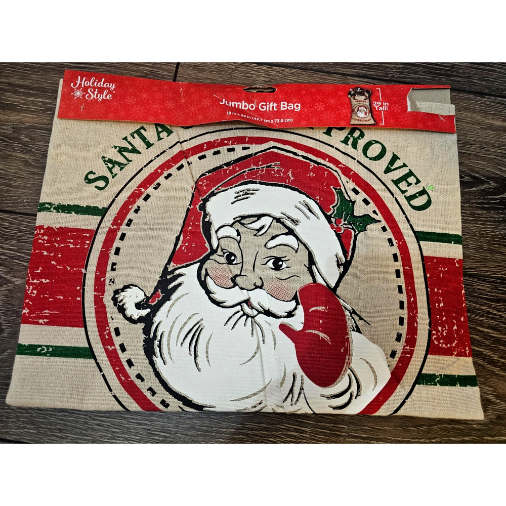 Holiday Style Santa Approved Gift Burlap Drawstring Bag New 18" by 29"